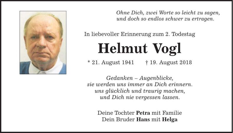 Traueranzeige Helmut Vogl