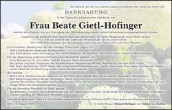 Traueranzeige Beate Gietl-Hofinger