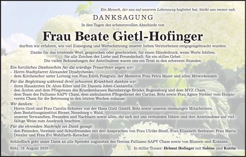 Traueranzeige Beate Gietl-Hofinger
