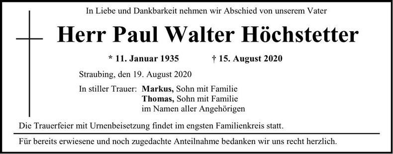 Traueranzeige Paul Walter Höchstetter
