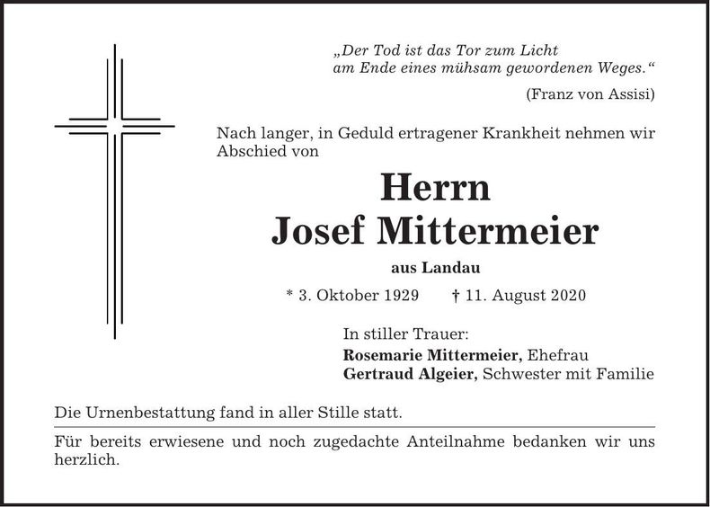 Traueranzeige Josef Mittermeier