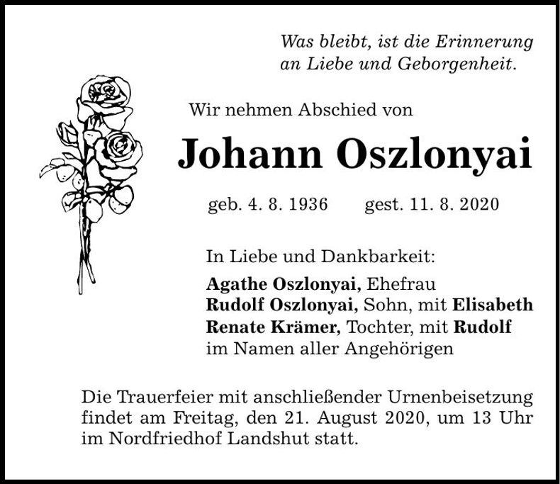 Traueranzeige Johann Oszlonyai