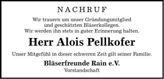 Traueranzeige Alois Pellkofer
