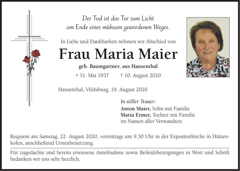 Traueranzeige Maria Maier