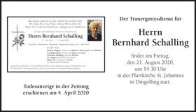 Traueranzeige Bernhard Schalling