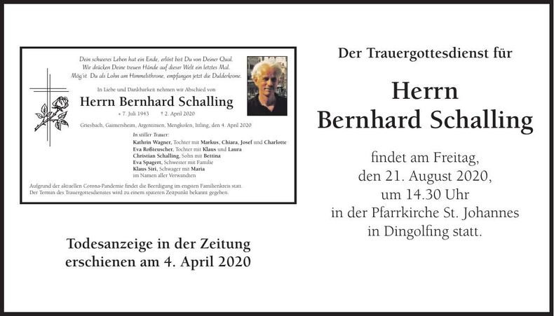 Traueranzeige Bernhard Schalling