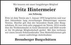 Traueranzeige Fritz Hintermeier
