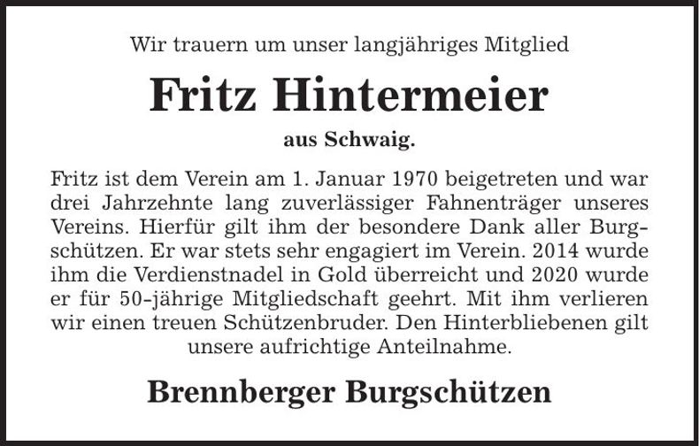 Traueranzeige Fritz Hintermeier