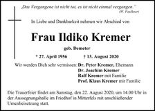 Traueranzeige Ildiko Kremer