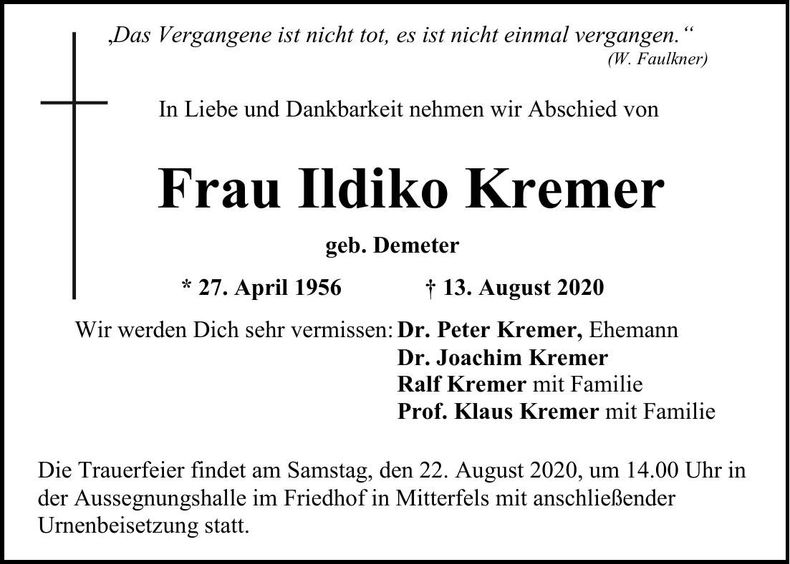 Traueranzeige Ildiko Kremer