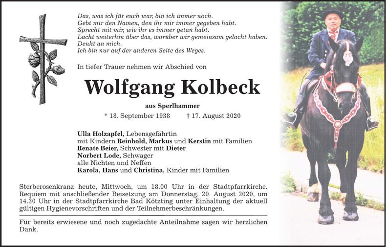 Traueranzeige Wolfgang Kolbeck