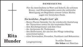Traueranzeige Rita Hunder