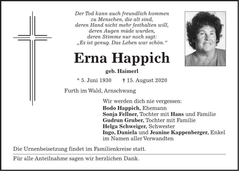 Traueranzeige Erna Happich