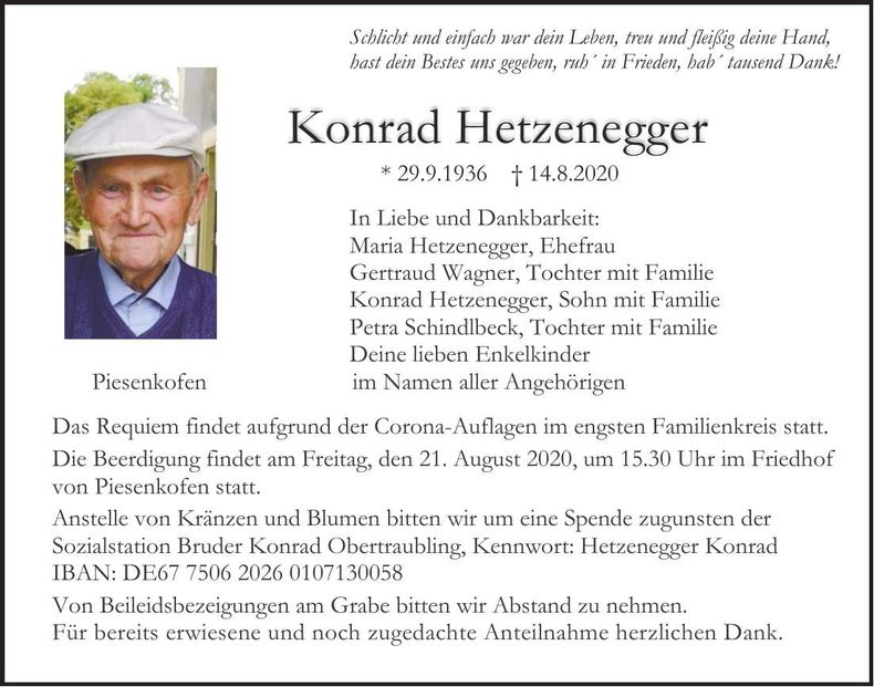 Traueranzeige Konrad Hetznegger