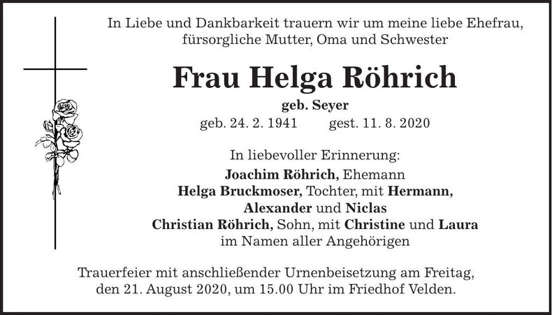 Traueranzeige Helga Röhrich