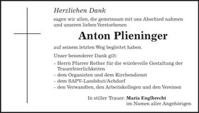 Traueranzeige Anton Plieninger