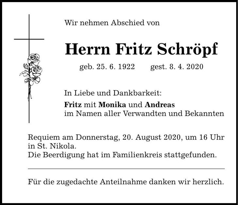 Traueranzeige Fritz Schröpf