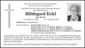 Traueranzeige Hildegard Eckl