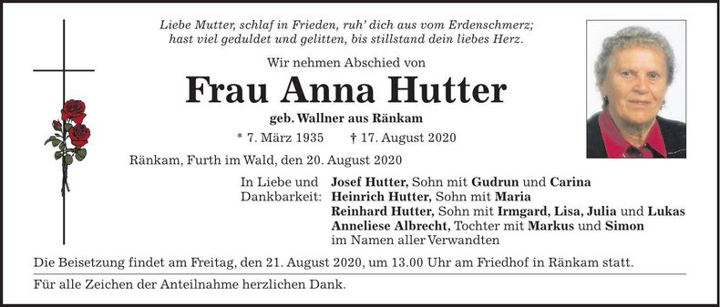 Traueranzeige Anna Hutter