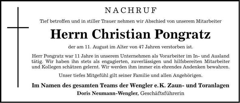 Traueranzeige Christian Pongratz