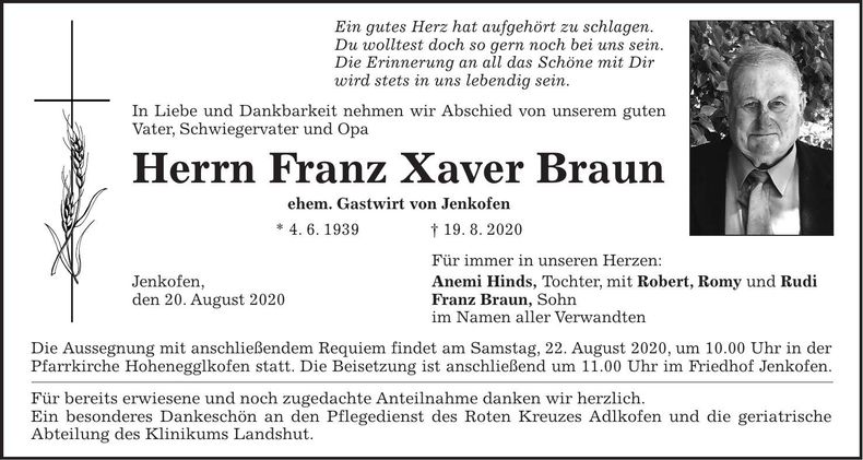 Traueranzeige Franz Xaver Braun