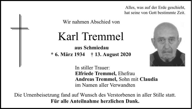 Traueranzeige Karl Tremmel