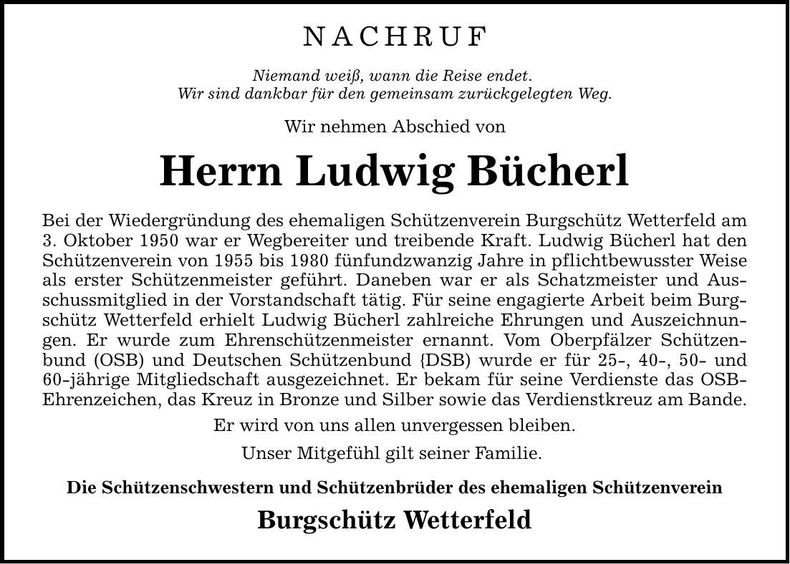 Traueranzeige Ludwig Bücherl