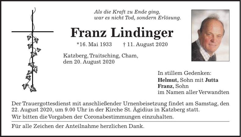 Traueranzeige Franz Lindinger