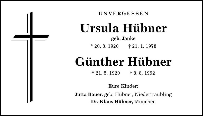 Traueranzeige Ursula, Günther Hübner