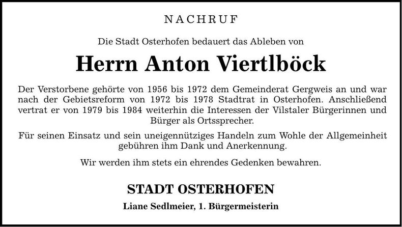 Traueranzeige Anton Viertlböck