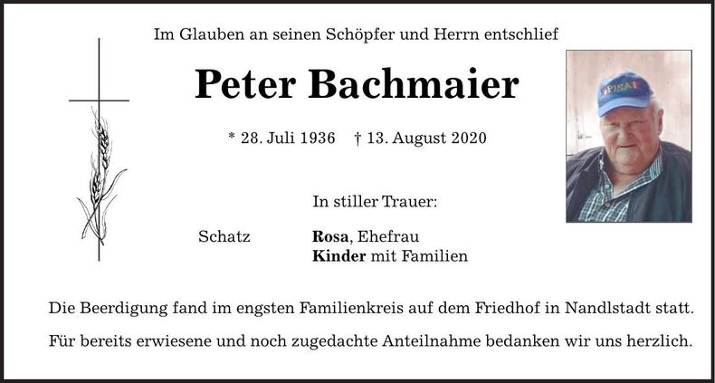 Traueranzeige Peter Bachmaier