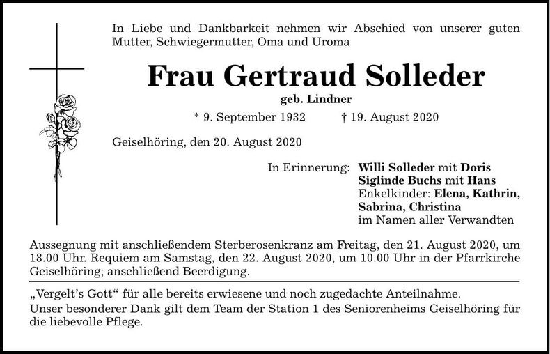Traueranzeige Gertraud Solleder