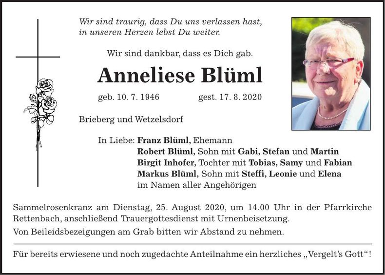 Traueranzeige Anneliese Blüml