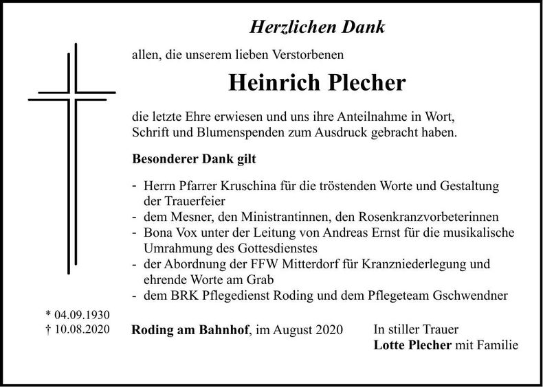 Traueranzeige Heinrich Plecher