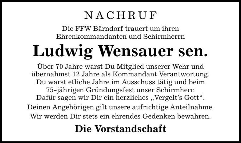Traueranzeige Ludwig sen. Wensauer
