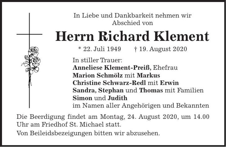 Traueranzeige Richard Klement