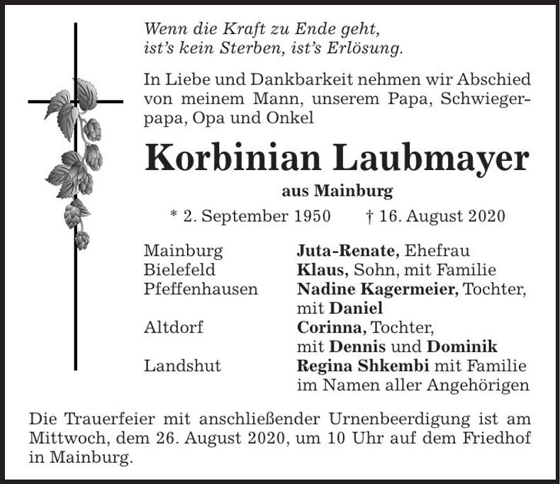 Traueranzeige Korbinian Laubmayer