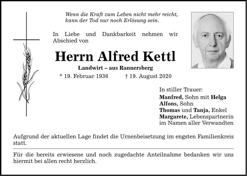 Traueranzeige Alfred Kettl