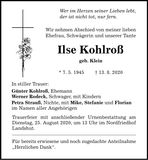 Traueranzeige Ilse Kohlroß