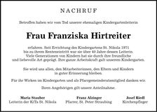 Traueranzeige Franziska Hirtreiter