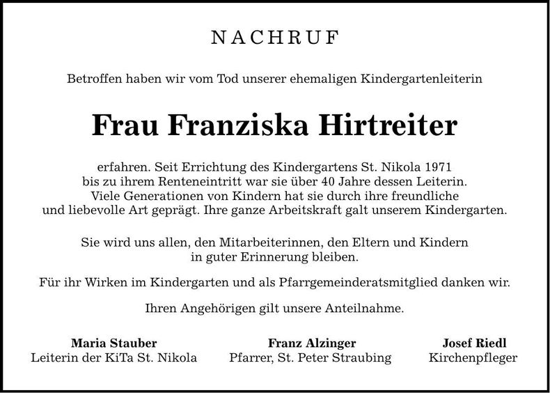 Traueranzeige Franziska Hirtreiter