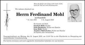 Traueranzeige Ferdinand Mohl