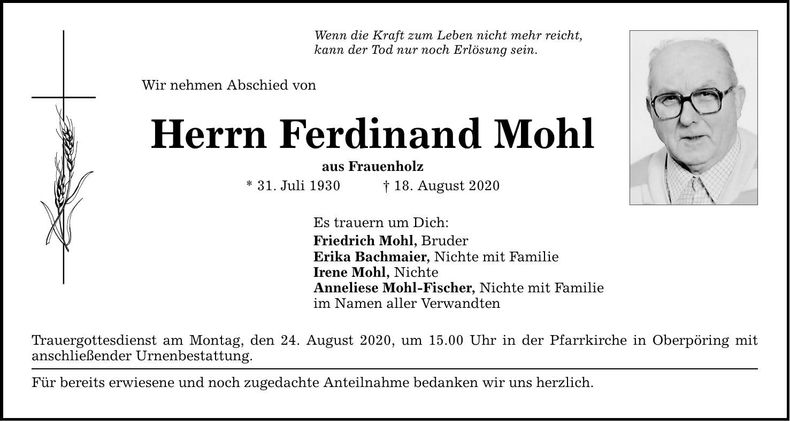 Traueranzeige Ferdinand Mohl