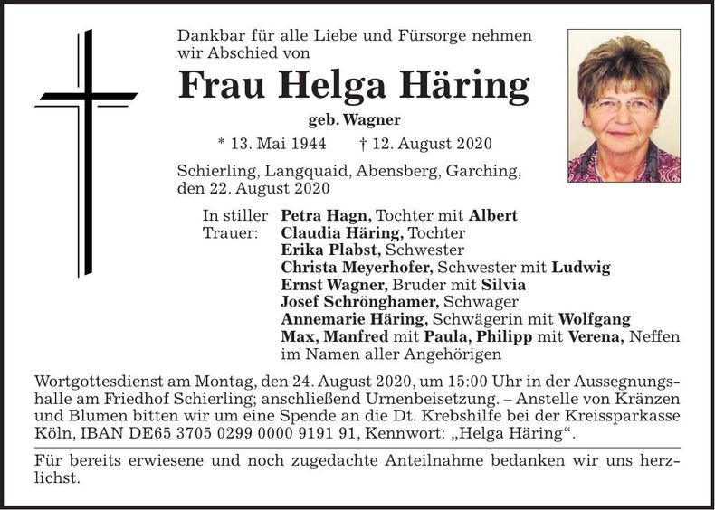 Traueranzeige Helga Häring