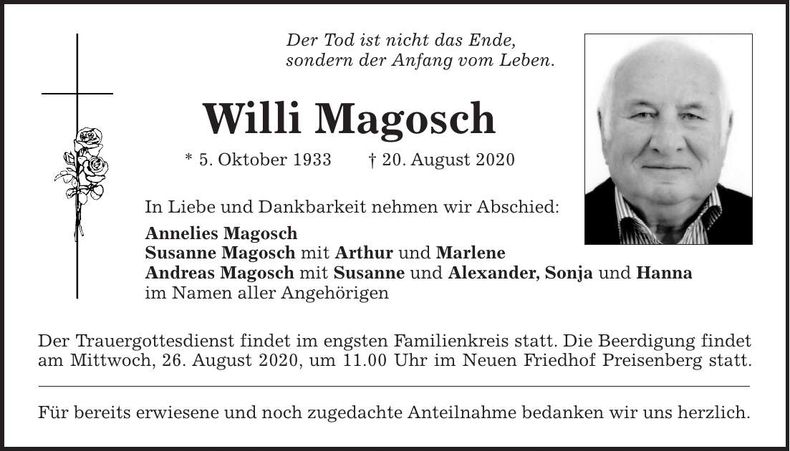 Traueranzeige Willi Margosch