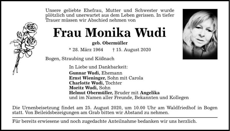 Traueranzeige Monika Wudi