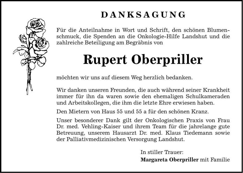 Traueranzeige Rupert Oberpriller