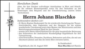 Traueranzeige Johann Blaschko