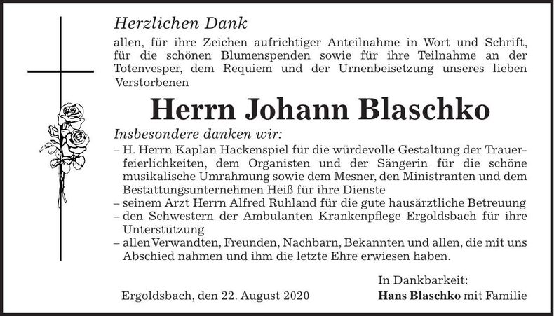 Traueranzeige Johann Blaschko