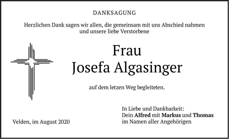 Traueranzeige Josefa Algasinger